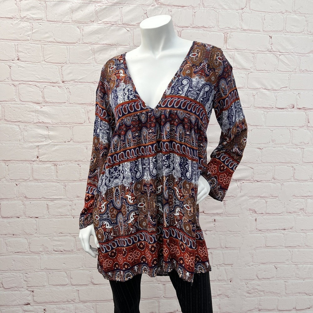 KidsForm Woman Blouse Boho Floral Open Back Multicolor V-Neck Long Sleeves Sz L
